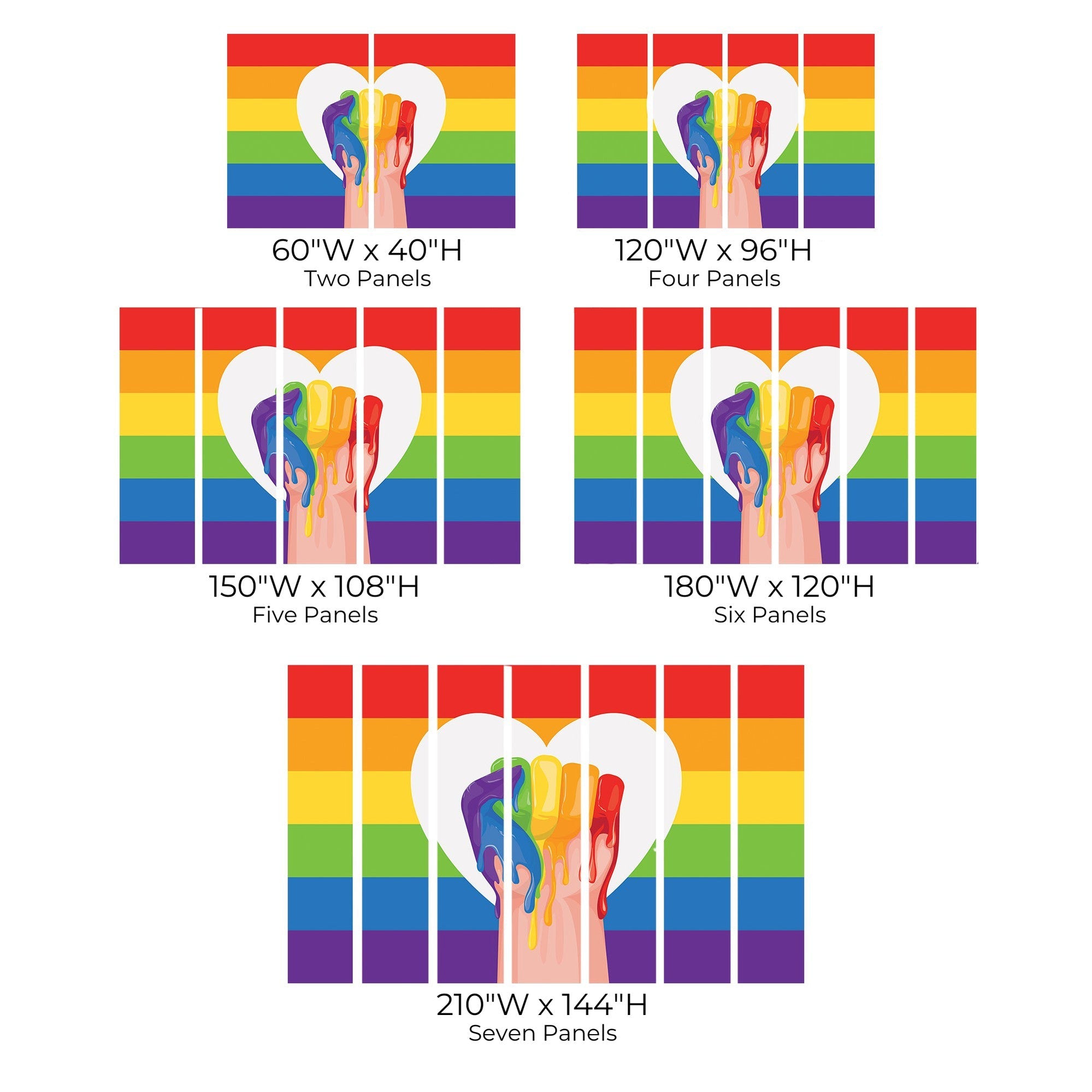 Chart showing various sizes of a colorful heart paint mural on a checkered wall background with different panel options.