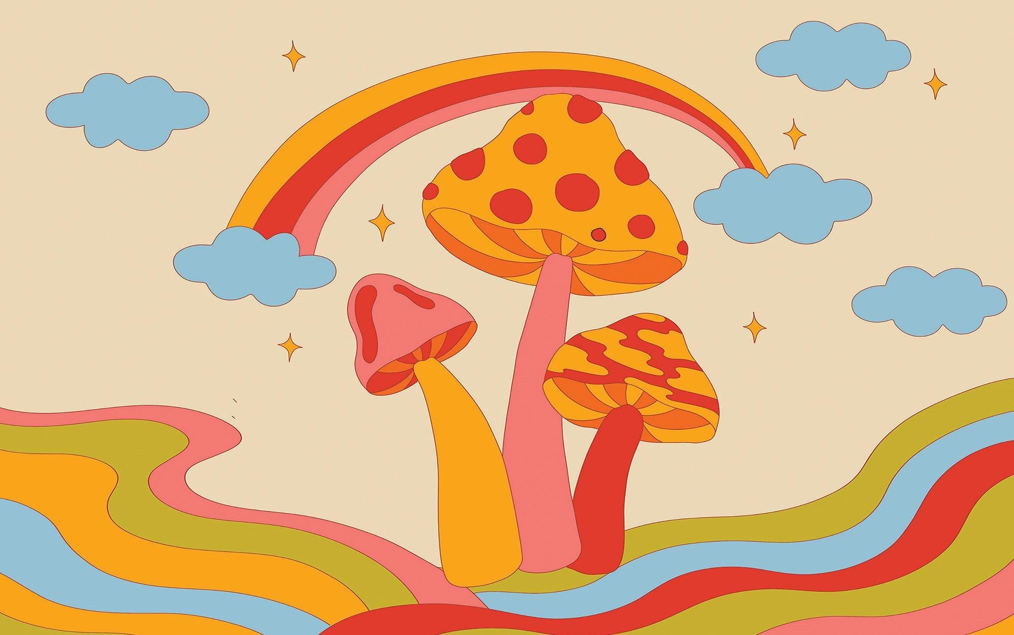 Bright and whimsical wall mural featuring stylized mushrooms, a rainbow, and clouds on a warm pastel background