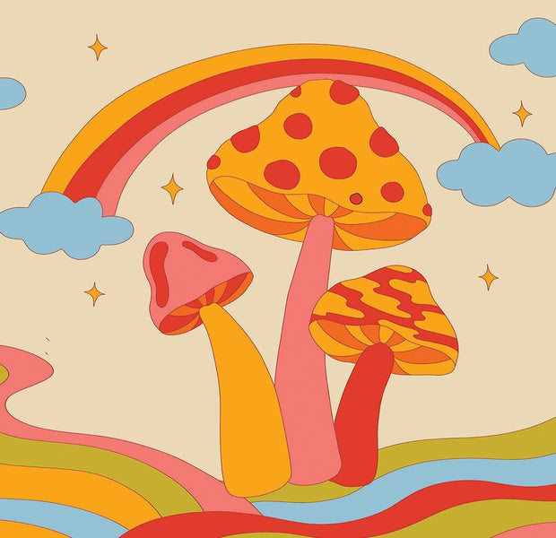 Bright and whimsical wall mural featuring stylized mushrooms, a rainbow, and clouds on a warm pastel background