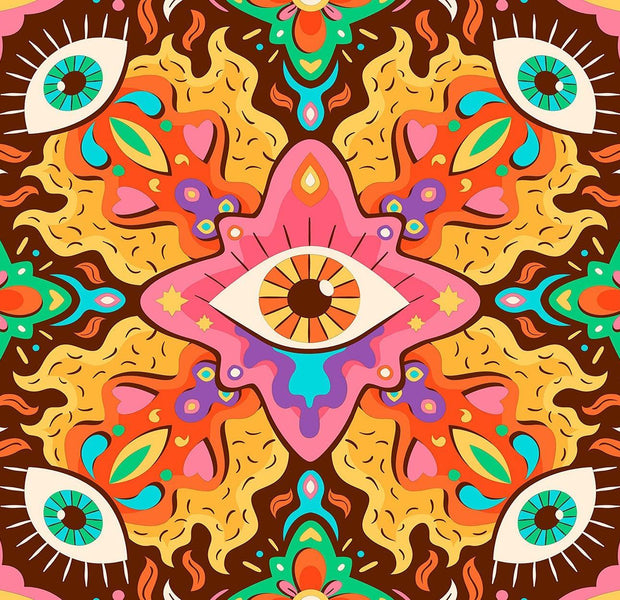 Vibrant and intricate psychedelic wall mural with eye and floral patterns in a symmetrical design on an interior wall