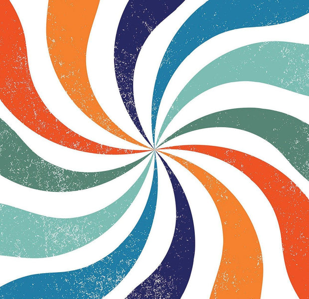 Abstract colorful swirl wall mural in an interior setting with a retro vibe