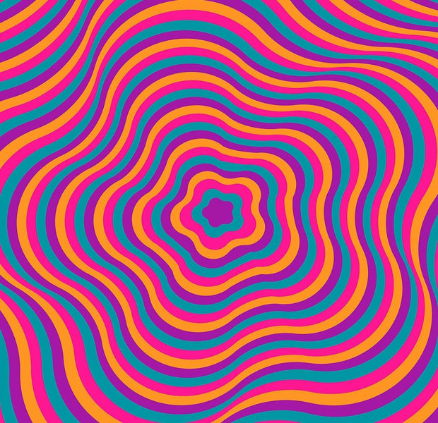 A colorful psychedelic pattern with wavy lines creating an optical illusion on a wall mural.
