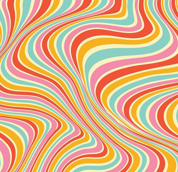 A colorful abstract wall mural with a wavy lines pattern in a variety of warm tones