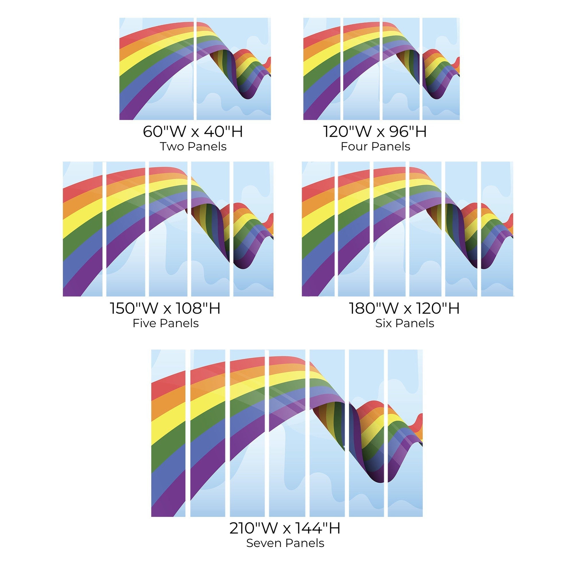 Various sizes of an abstract wall mural with a colorful rainbow wave design, showing two to seven panel options