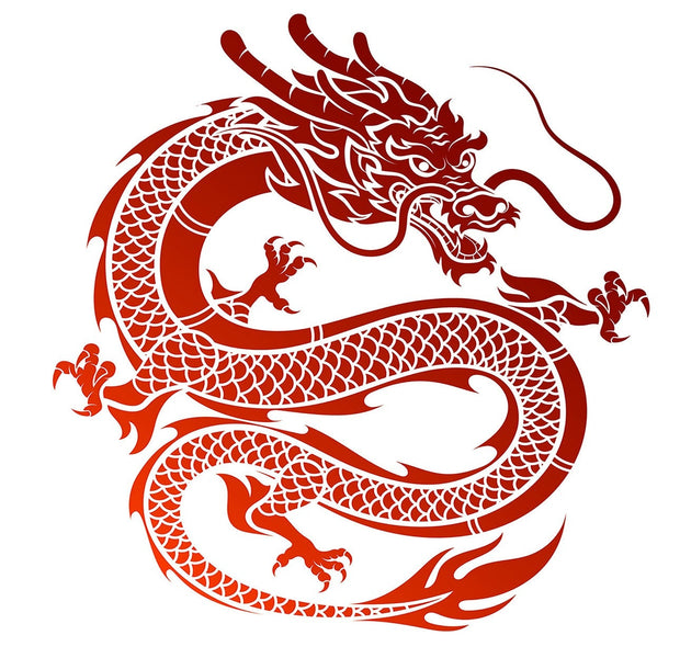 A vibrant red dragon mural painted on a wall, showcasing intricate design details.