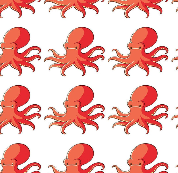 A wall interior covered with a vibrant red octopus pattern mural