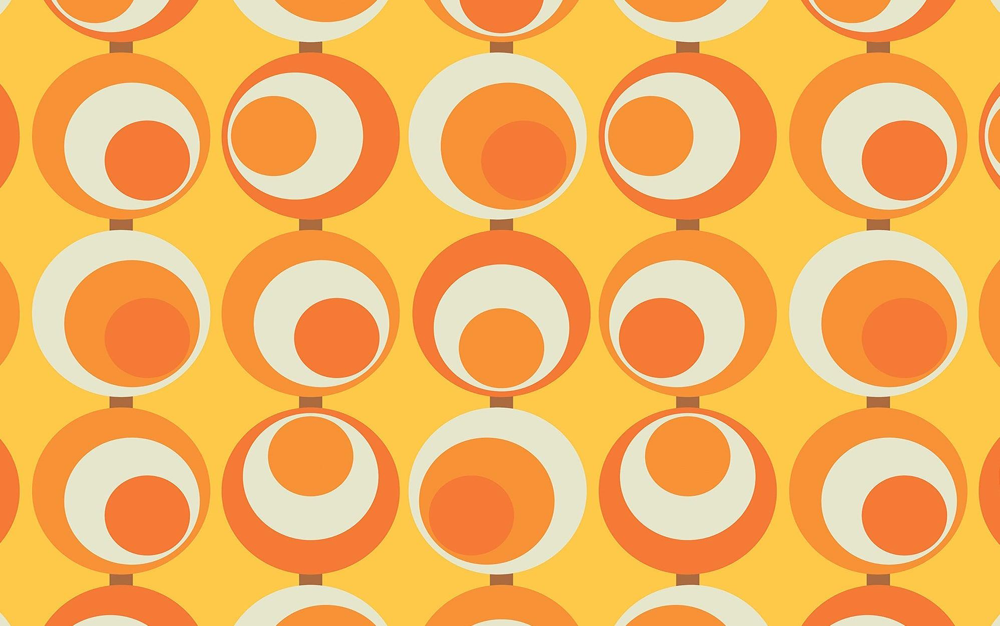 Bright retro circle pattern wall mural in orange and white on a yellow background