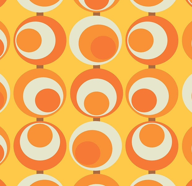 Bright retro circle pattern wall mural in orange and white on a yellow background