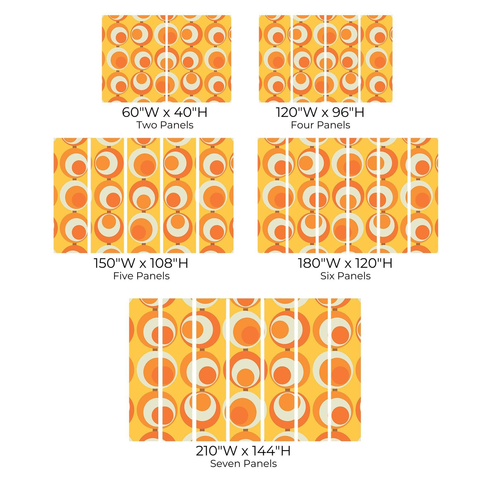 Various size options for a wall mural with an orange and white retro circular pattern