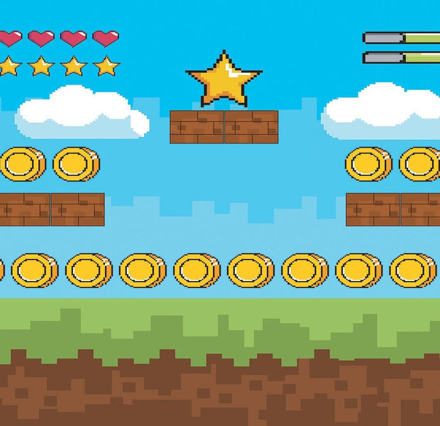 Wall mural with 8-bit style video game graphics including hearts, a star, coins, and platform blocks