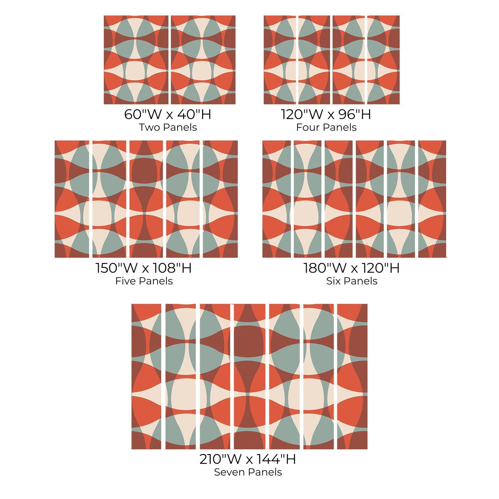 An illustration showing various sizes of a geometric pattern wall mural in two, four, five, six, and seven panels with measurements.