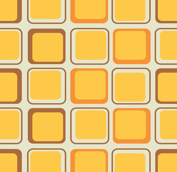 A seamless retro pattern mural on an interior wall with squares and rectangles in shades of orange and brown