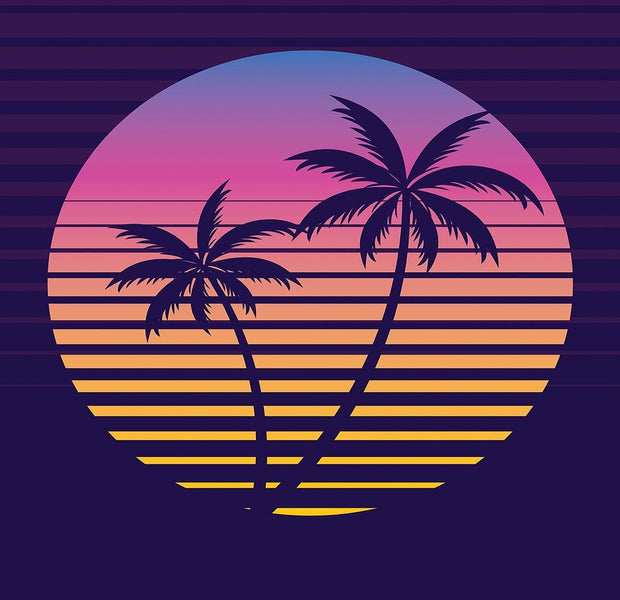Wall mural of a sunset with palm trees and ocean horizon in a retro style