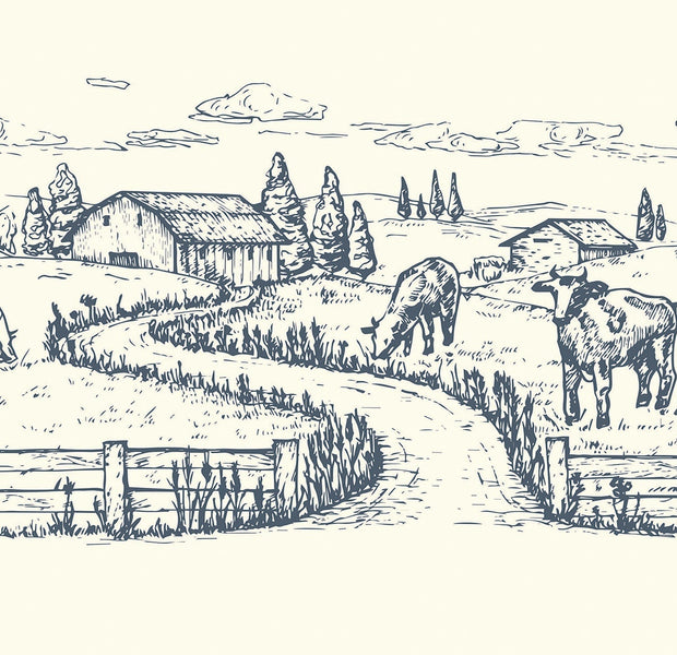 Illustrative wall mural of a pastoral farm scene with grazing cows, farm buildings, and rolling hills