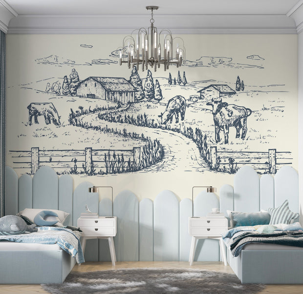 Premium Wallpaper Wall Mural - Rustic Farm Sketch 60"Wx40"H / Non-Woven Fleece