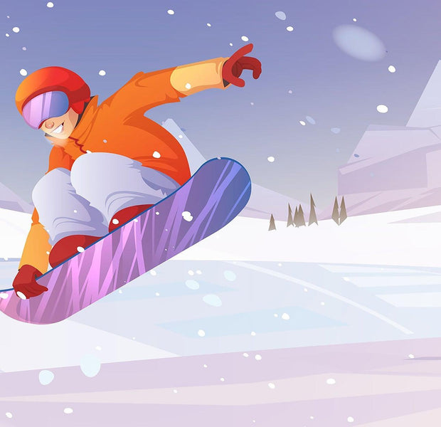 Wall mural of an animated character snowboarding with dynamic pose and winter backdrop