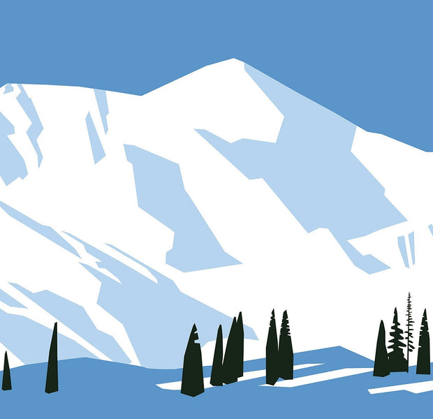 A stylized mural of a snowy mountain with pine trees on an interior wall