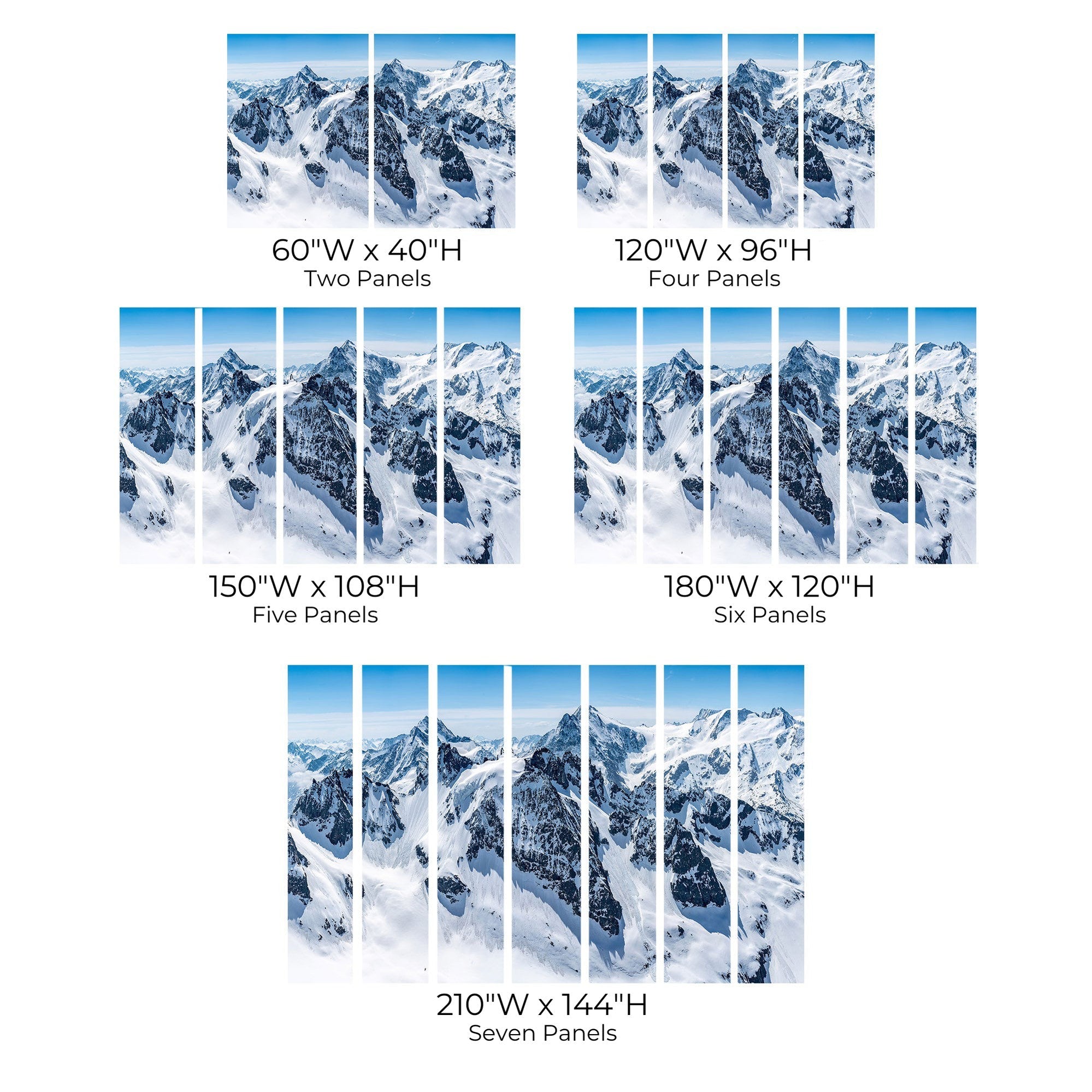 Various size options for a snowy mountain range wall mural displayed in panels.