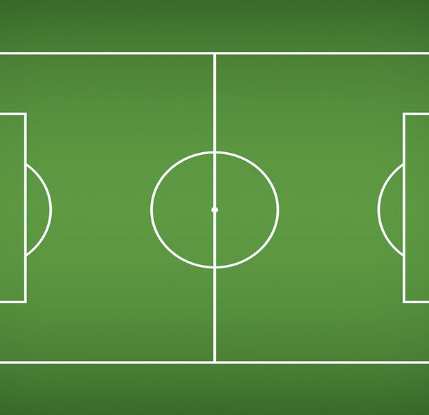 Green wall with a white line drawing of a soccer field as a mural