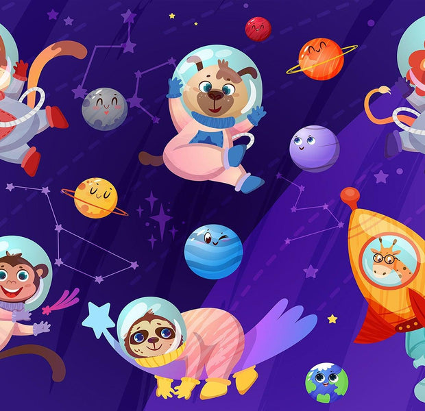 A colorful wall mural in a children's room depicting cartoon animals in astronaut outfits exploring outer space with planets and stars.