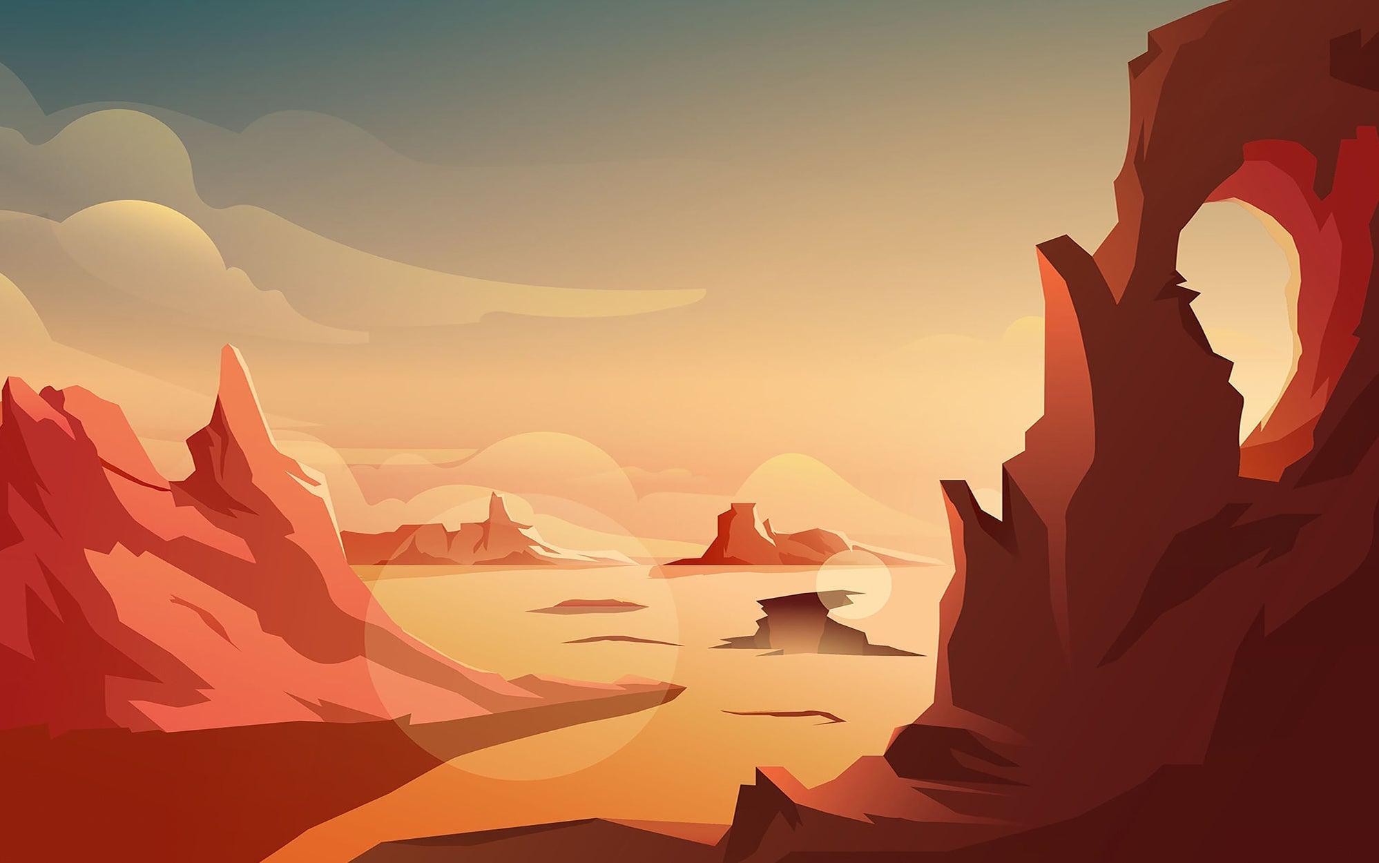 A wall mural depicting a stylized canyon landscape during sunset with warm color tones