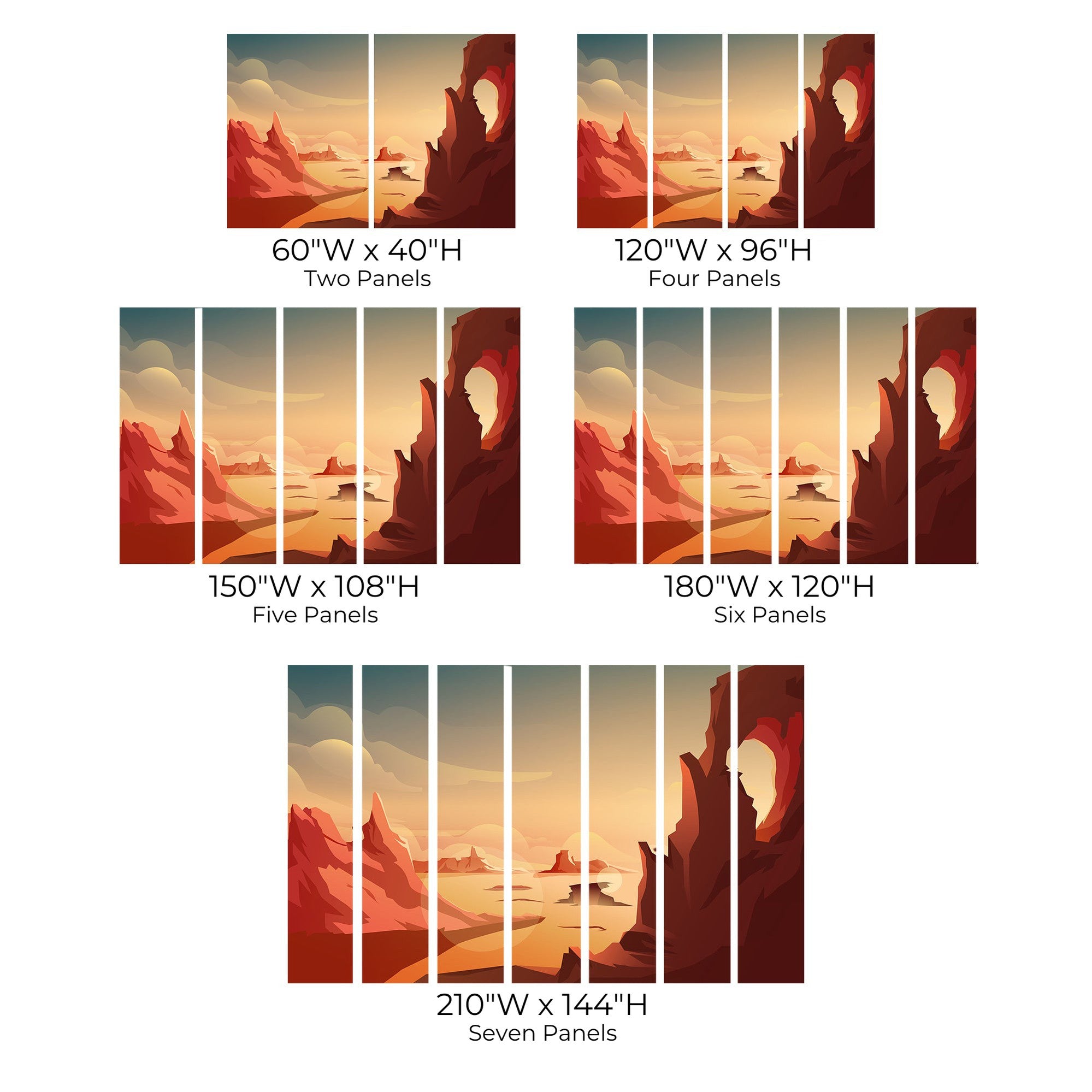 Various sizes of a wall mural depicting a canyon at sunset divided into multiple panels.