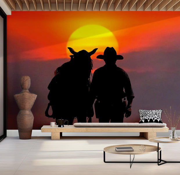 Premium Wallpaper Wall Mural - Sunset Cowboy Silhouette 60"Wx40"H / Non-Woven Fleece