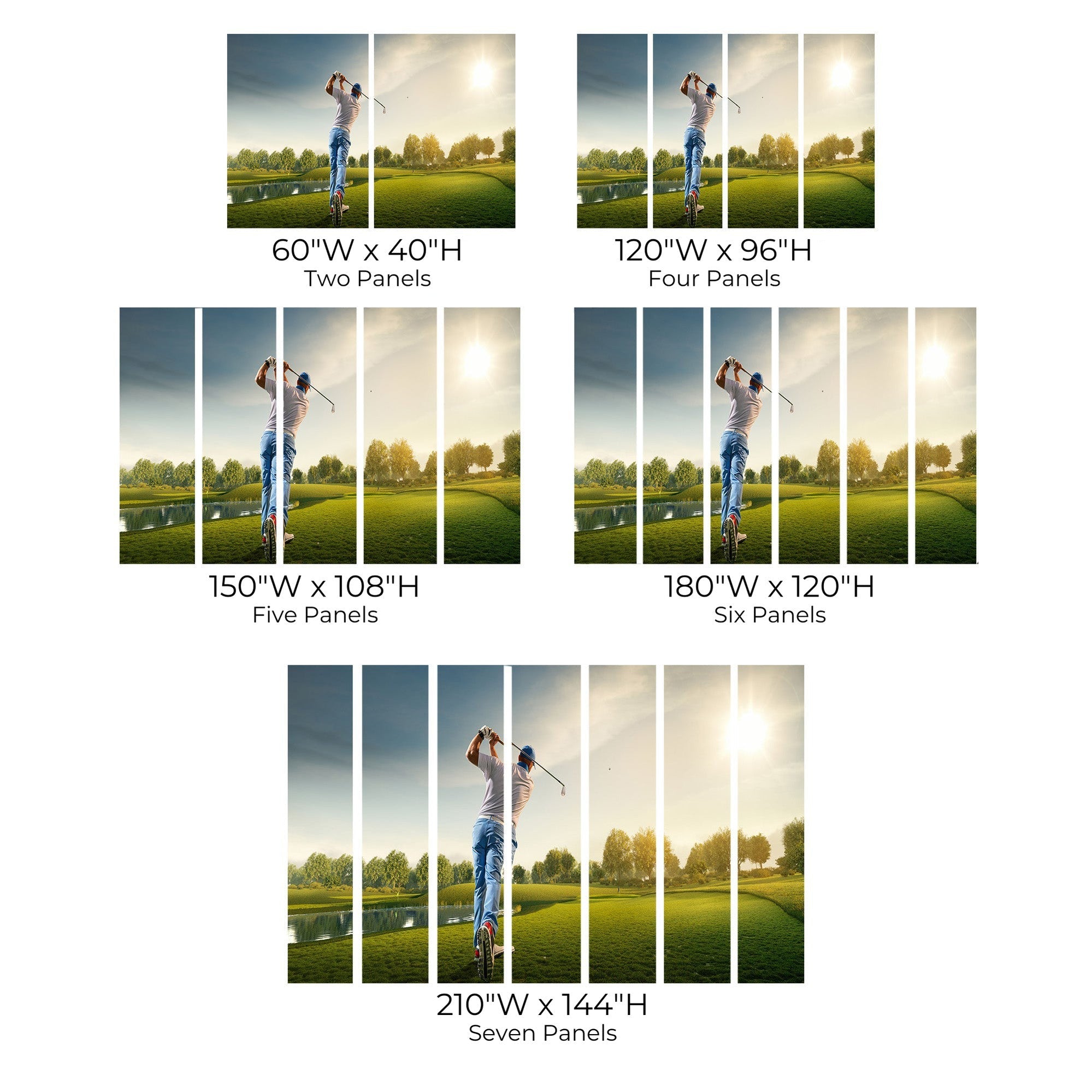 Various sizes of a wall mural depicting a golfer with different panel options shown against a white wall background.