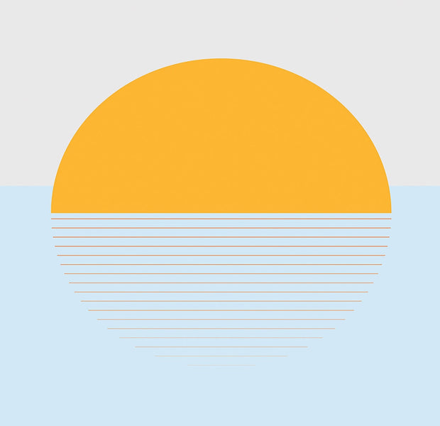 Abstract interior wall mural depicting a stylized sunset with geometric lines and shapes