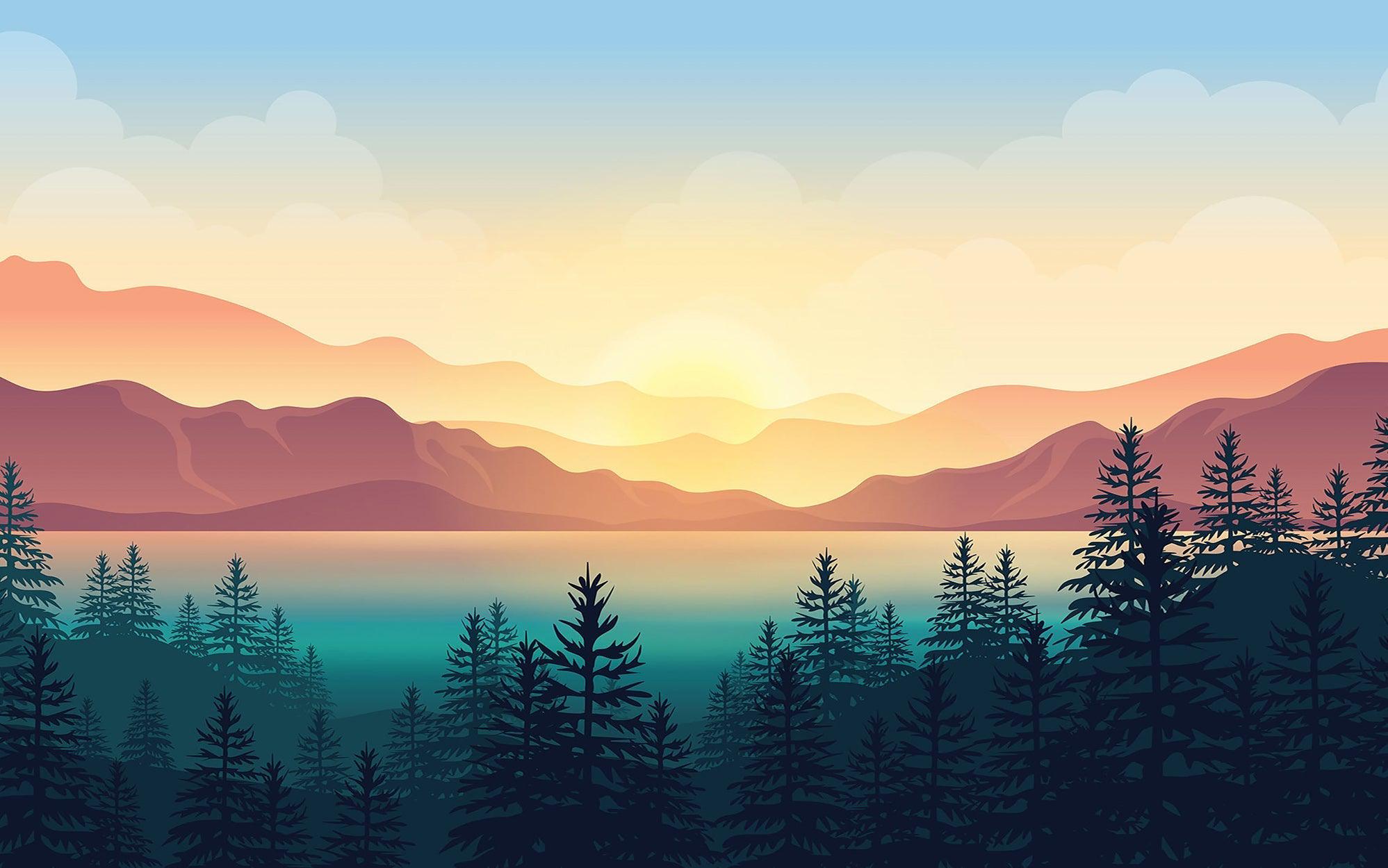 Wall mural of a sunset over a mountainous landscape with silhouettes of trees in the foreground