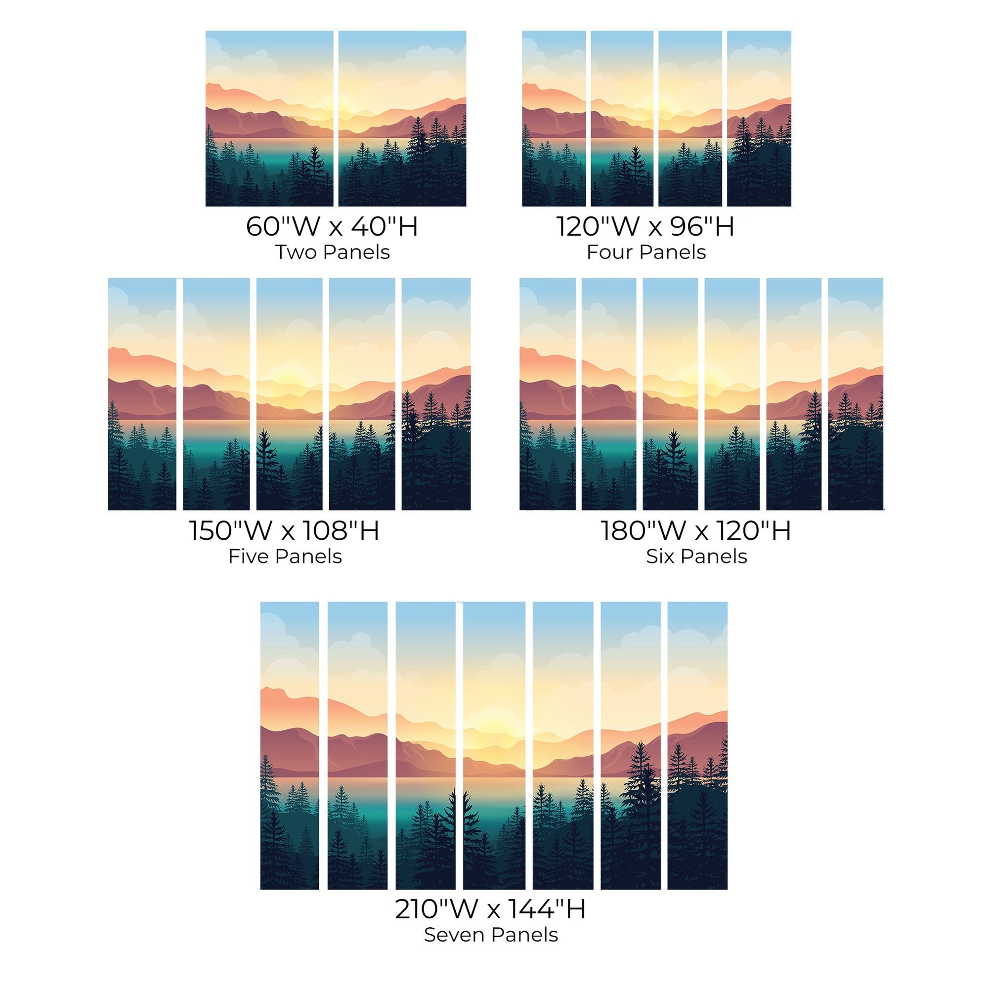 Various sized wall murals depicting a serene mountain landscape during sunset.