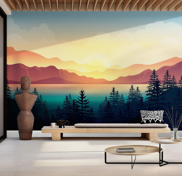 Premium Wallpaper Wall Mural - Sunset Mountain Landscape 60"Wx40"H / Non-Woven Fleece