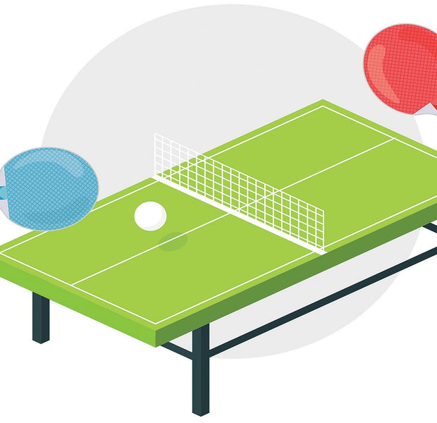 An isometric illustration of a table tennis setup with two paddles and a ball on a green table