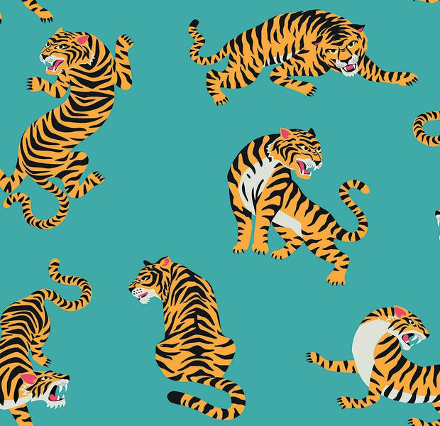 An interior wall covered with a vibrant mural featuring a pattern of orange and black striped tigers on a teal background.