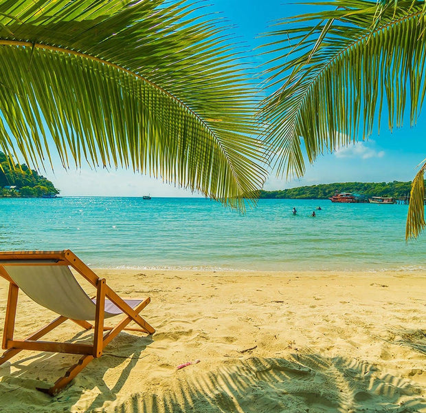 Wall mural of a tropical beach scene with palm leaves framing a lounge chair on sandy shore looking out over clear blue water.