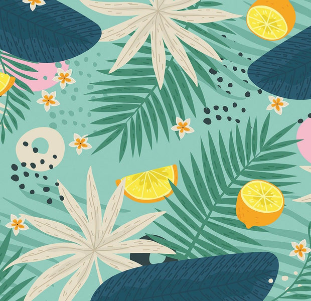 A vibrant tropical themed wall mural with palm leaves, exotic flowers, and citrus fruit slices on a teal background.
