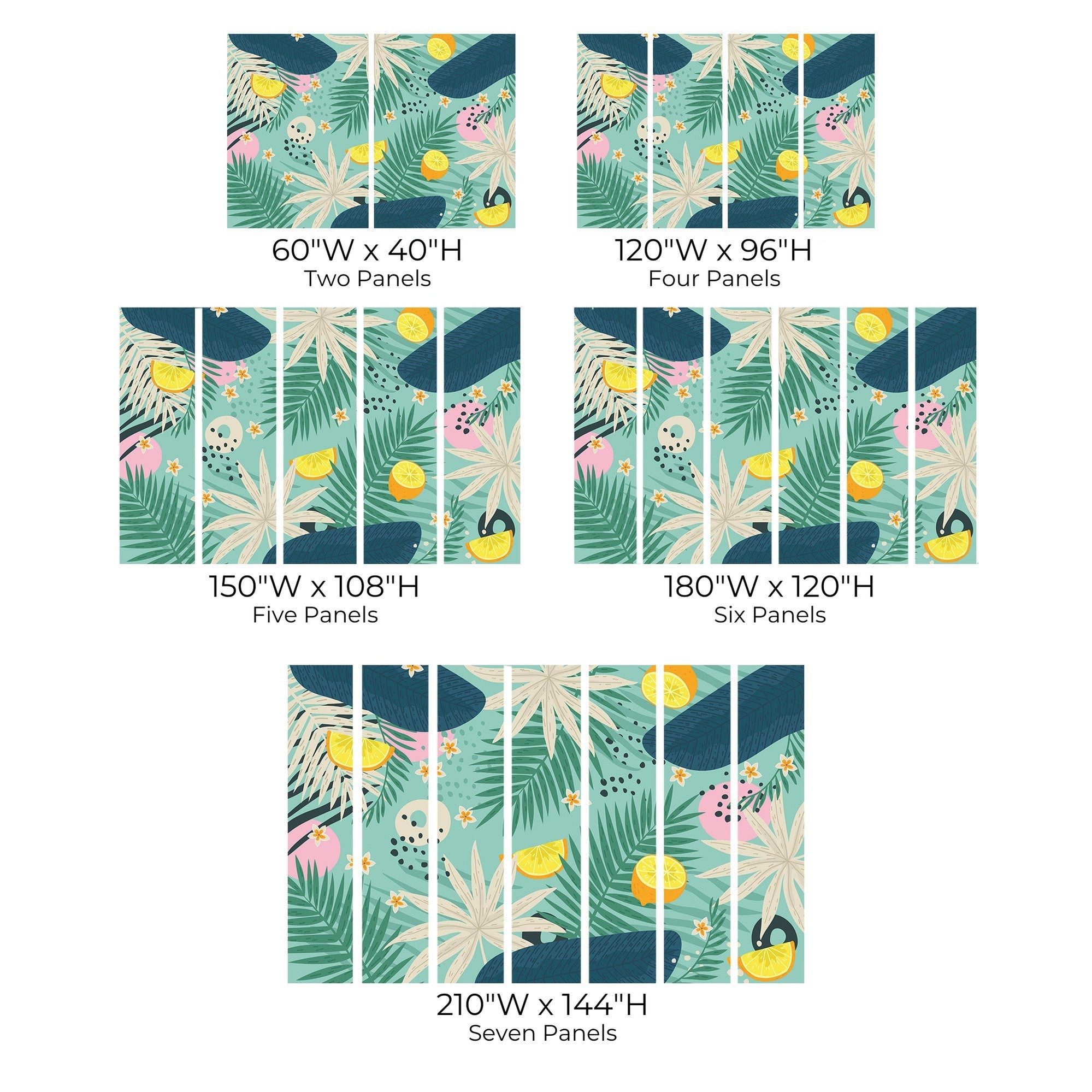 Various size options for a tropical wall mural featuring a leaf and bird design