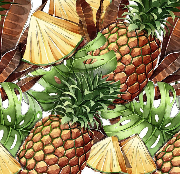 Vibrant wall mural of pineapples and monstera leaves in an artistic interior setting