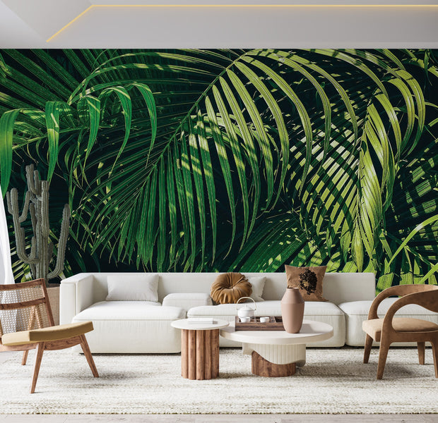 Premium Wallpaper Wall Mural - Tropical Green Leaves 60"Wx40"H / Non-Woven Fleece