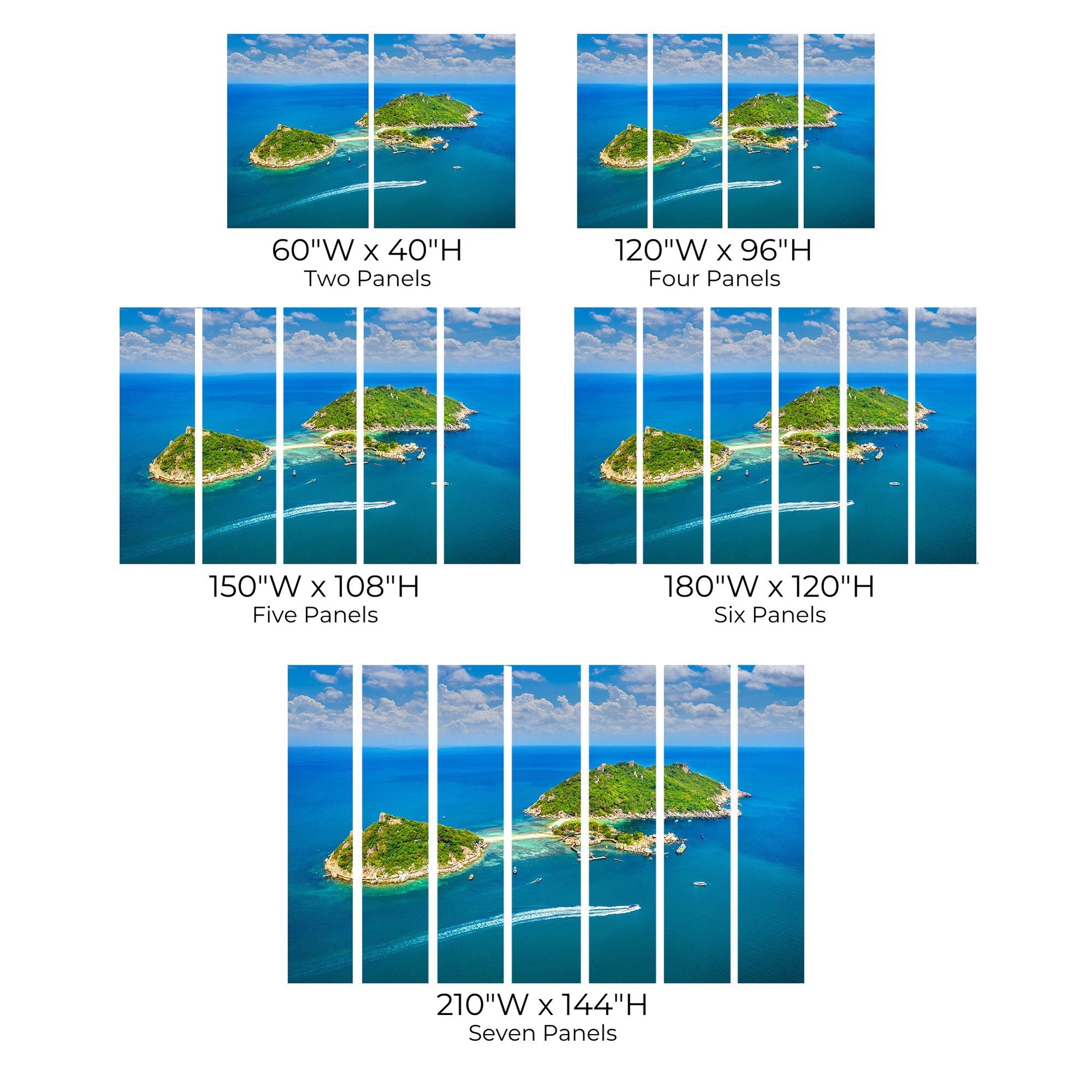 Different sizes of a wall mural depicting a tropical island with clear blue water from two panels to seven panels.
