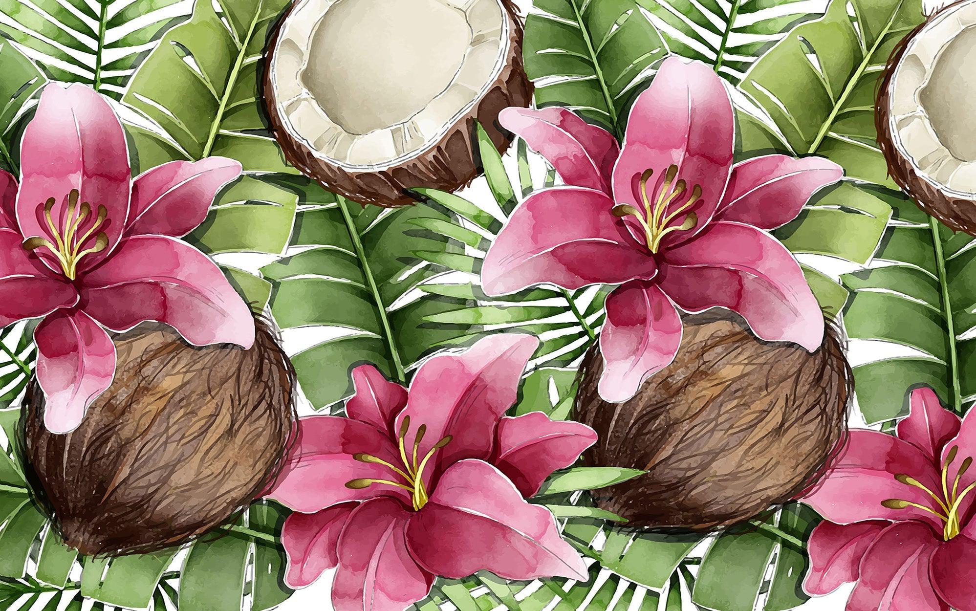 A vibrant wall mural with a pattern of pink tropical flowers and coconuts surrounded by green leaves.