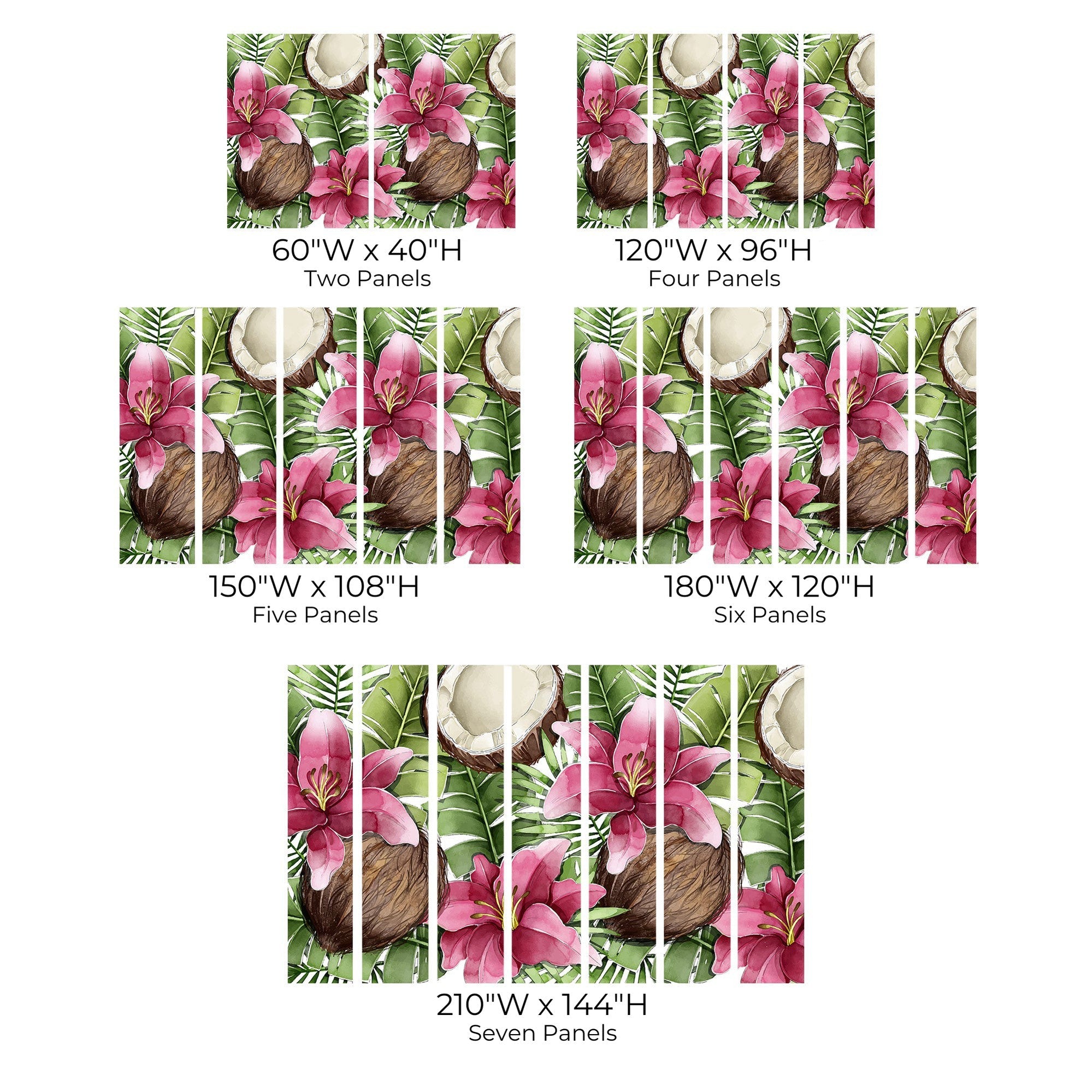 Size chart for a tropical wall mural featuring pink flowers and coconuts with measurements for different panel options.