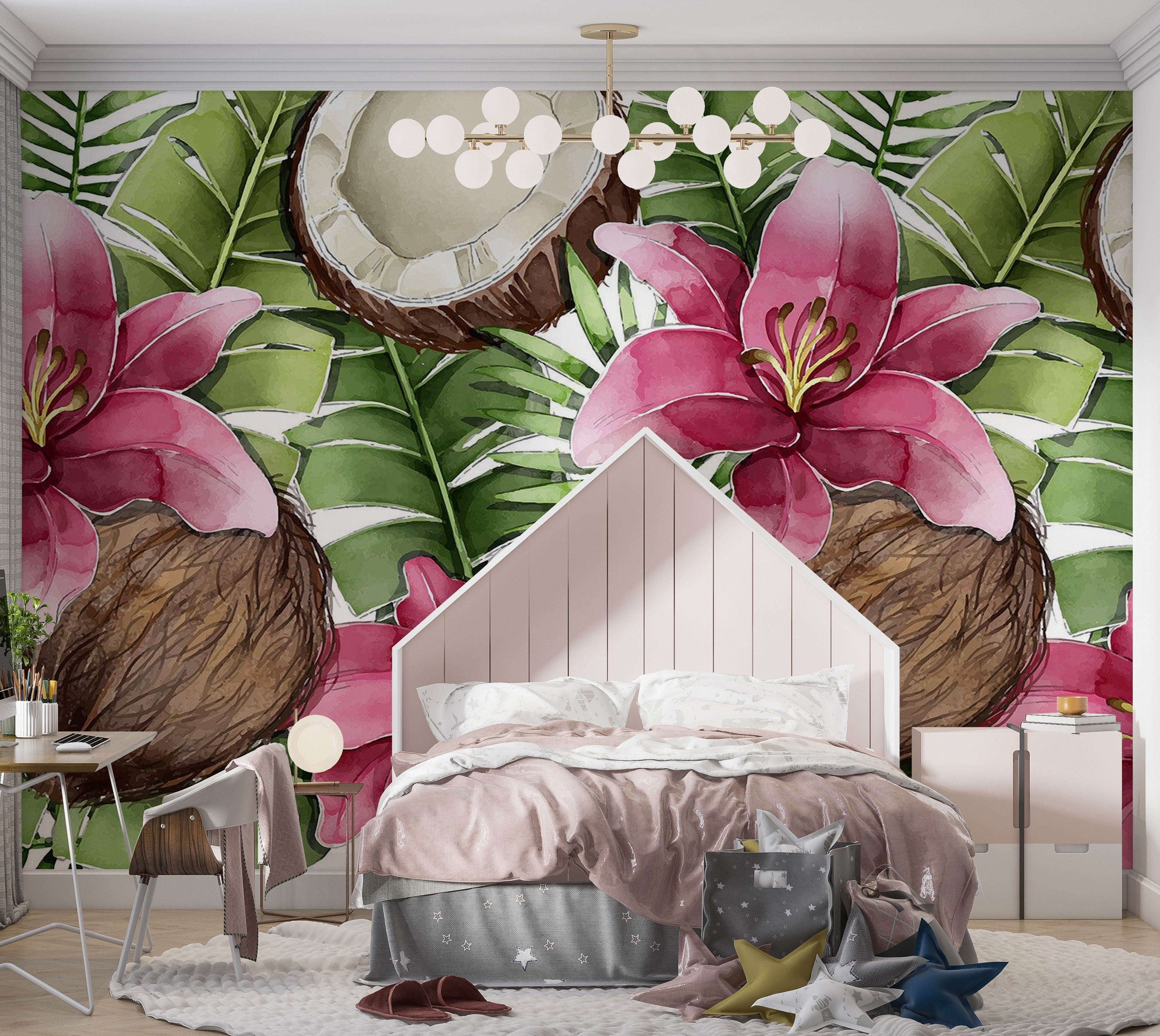 Premium Wallpaper Wall Mural - Tropical Lilies Coconut 60"Wx40"H / Non-Woven Fleece