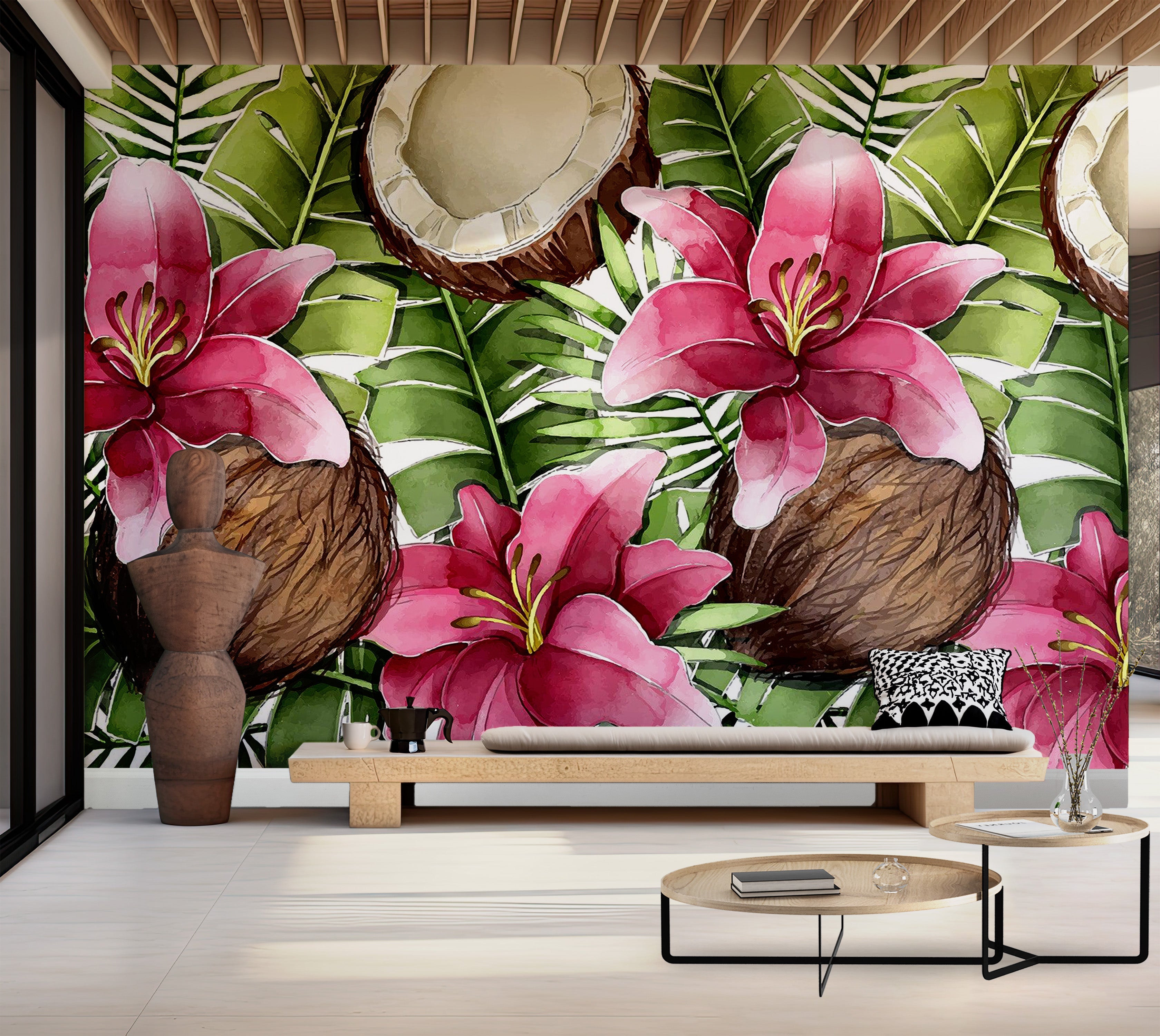 Premium Wallpaper Wall Mural - Tropical Lilies Coconut 60"Wx40"H / Non-Woven Fleece