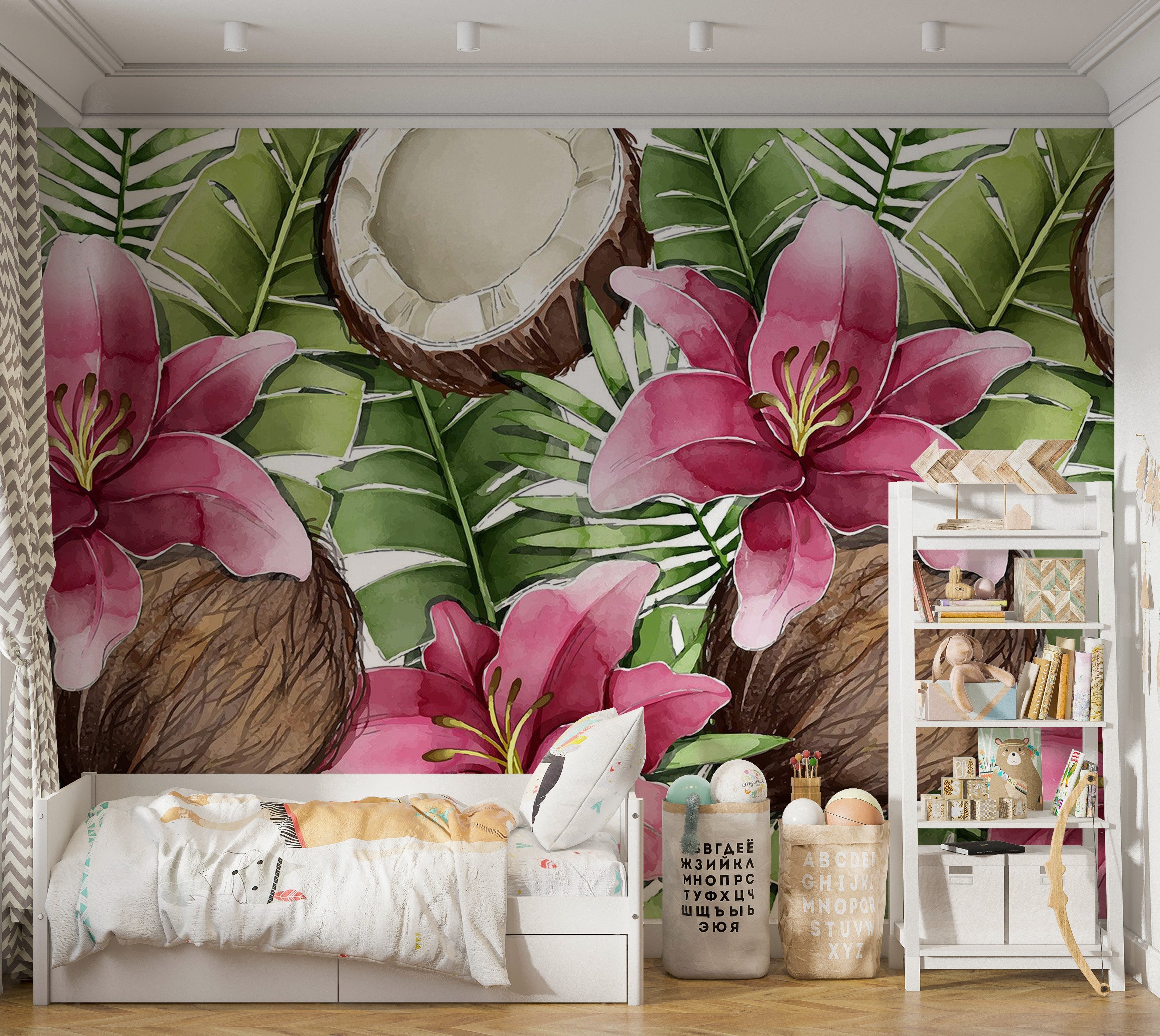 Premium Wallpaper Wall Mural - Tropical Lilies Coconut 60"Wx40"H / Non-Woven Fleece