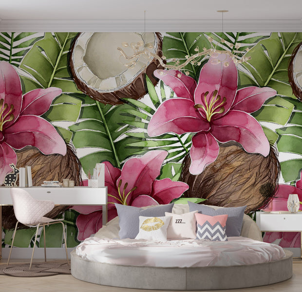 Premium Peel & Stick Wall Mural - Tropical Lilies Coconut
