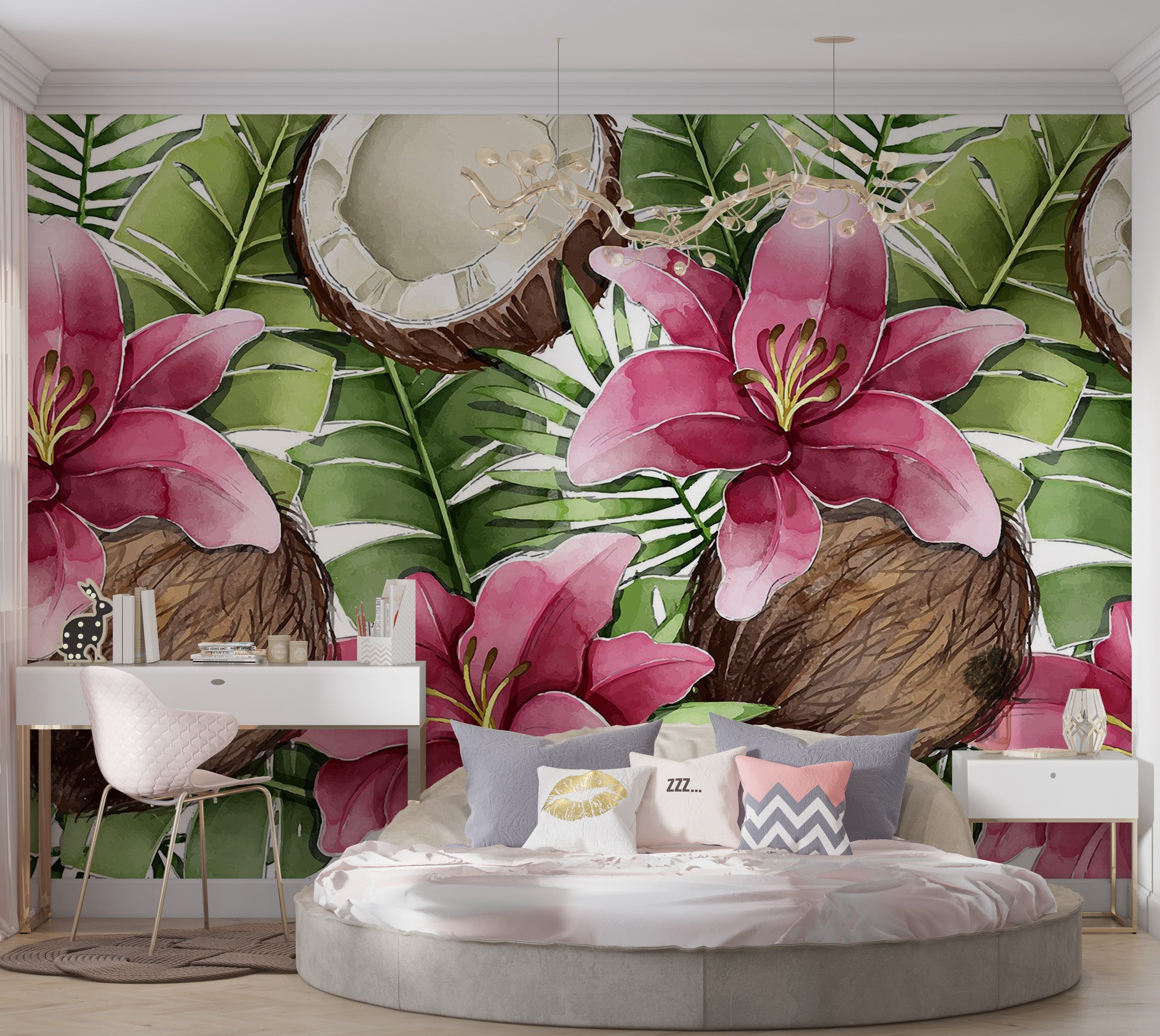 Premium Wallpaper Wall Mural - Tropical Lilies Coconut 60"Wx40"H / Non-Woven Fleece