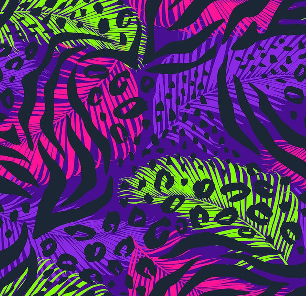 An abstract wall mural featuring a vibrant jungle theme with purple, green, and pink patterns.