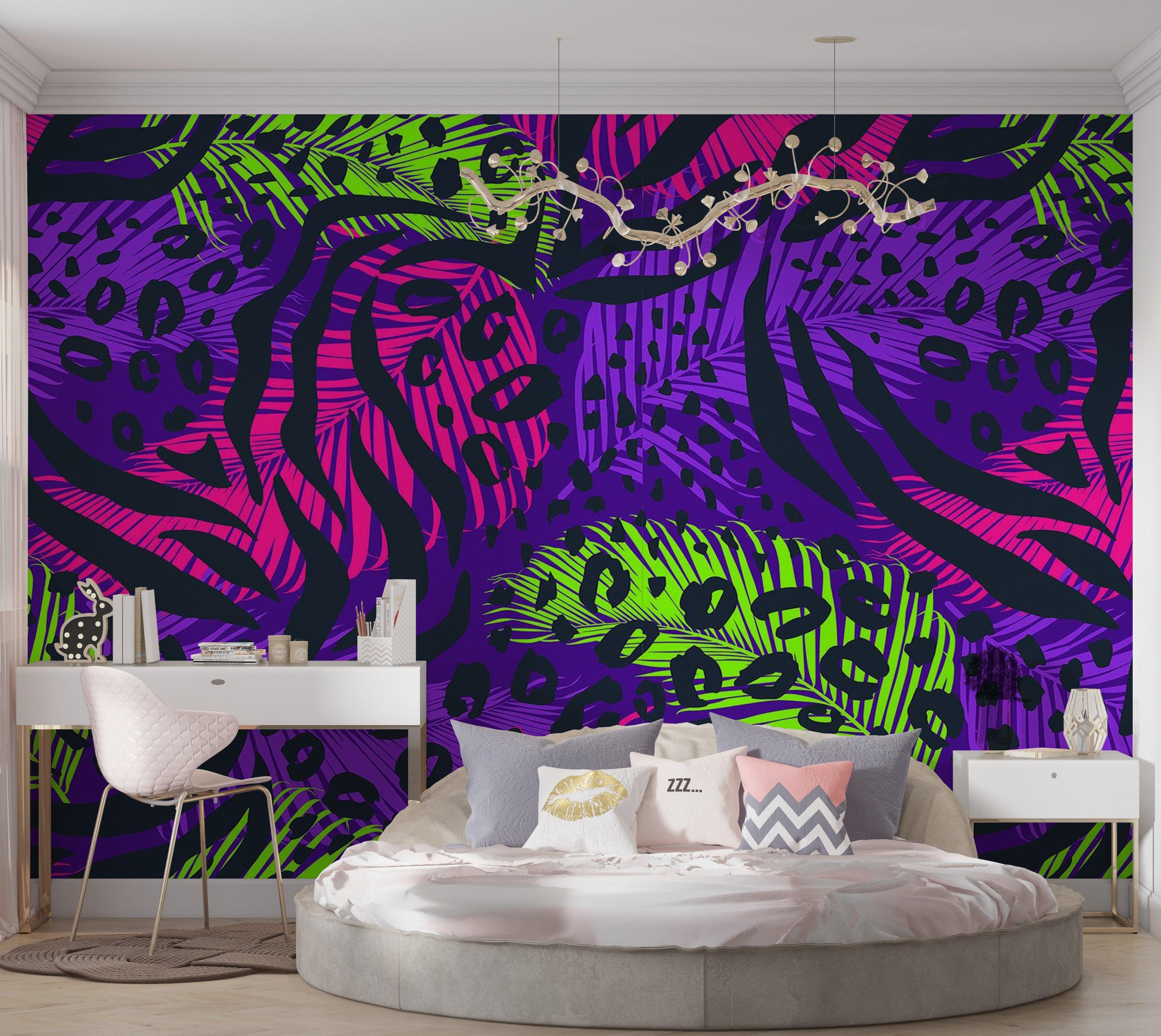 Premium Wallpaper Wall Mural - Tropical Neon Leaves 60"Wx40"H / Non-Woven Fleece