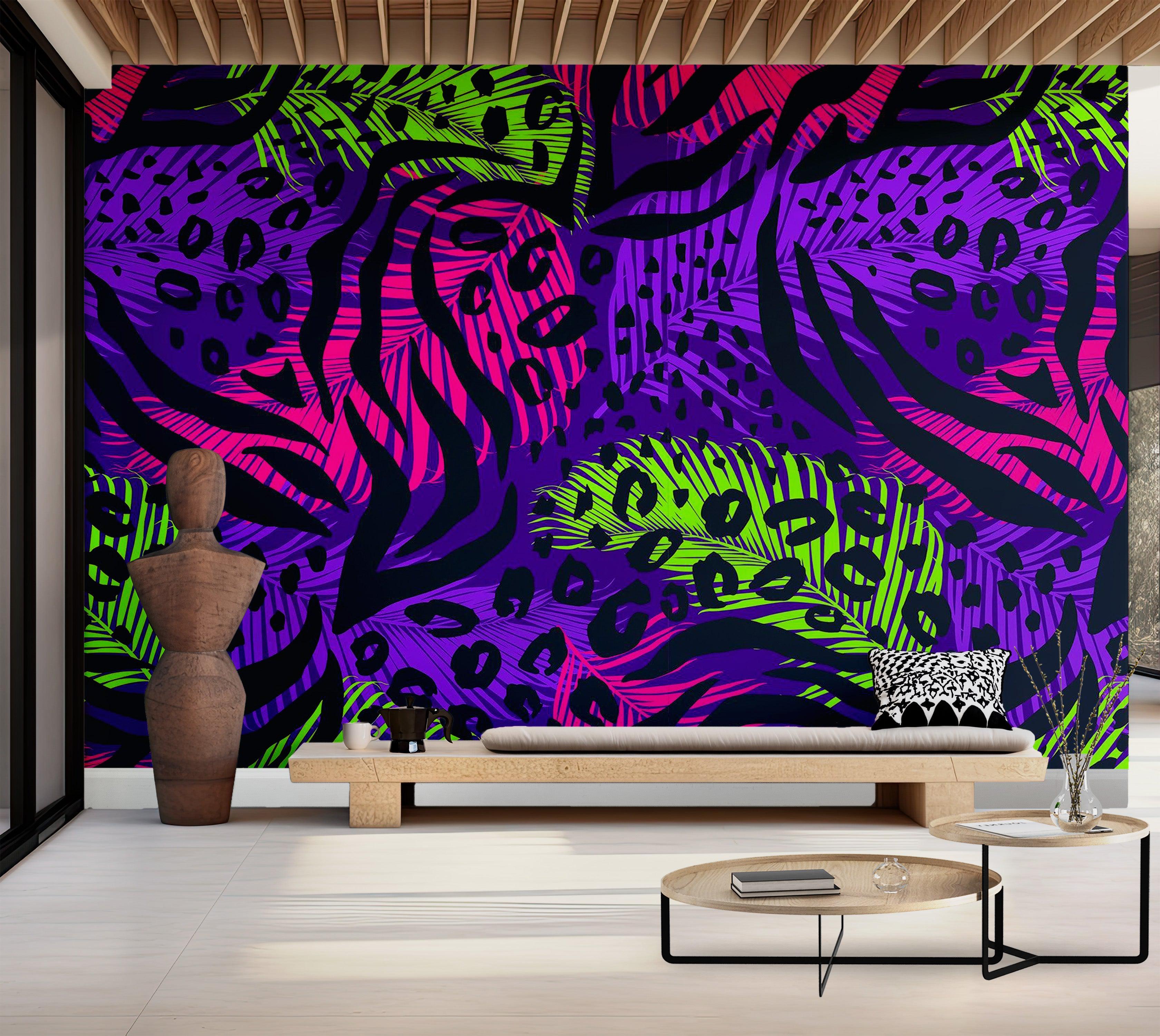 Premium Wallpaper Wall Mural - Tropical Neon Leaves 60"Wx40"H / Non-Woven Fleece